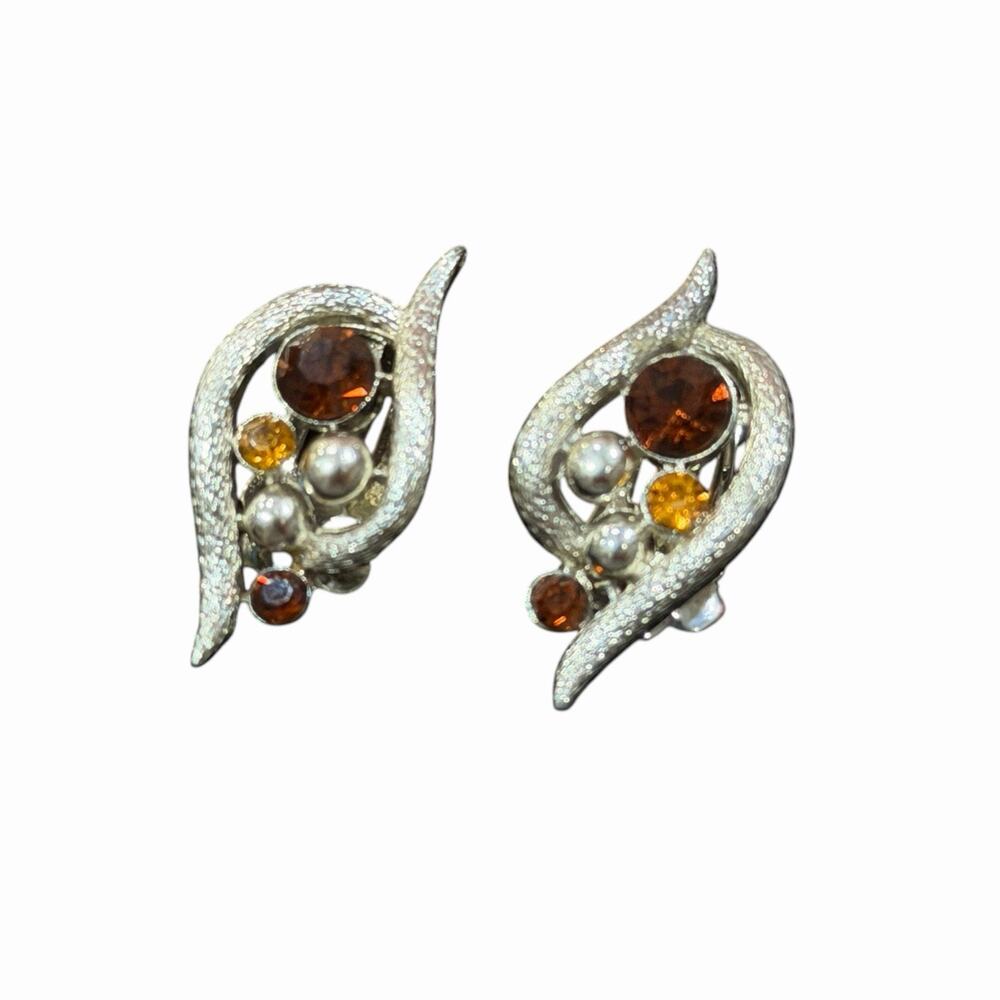Vintage 1950s Coro Amber Rhinestone Faux Pearl Clip On Earrings Silver Tone